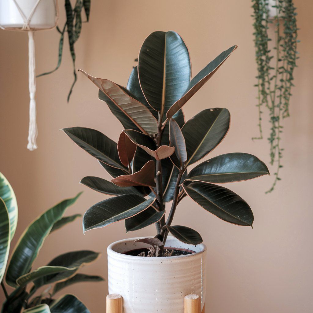 Rubber Plant with burgundy leaves and upright growth